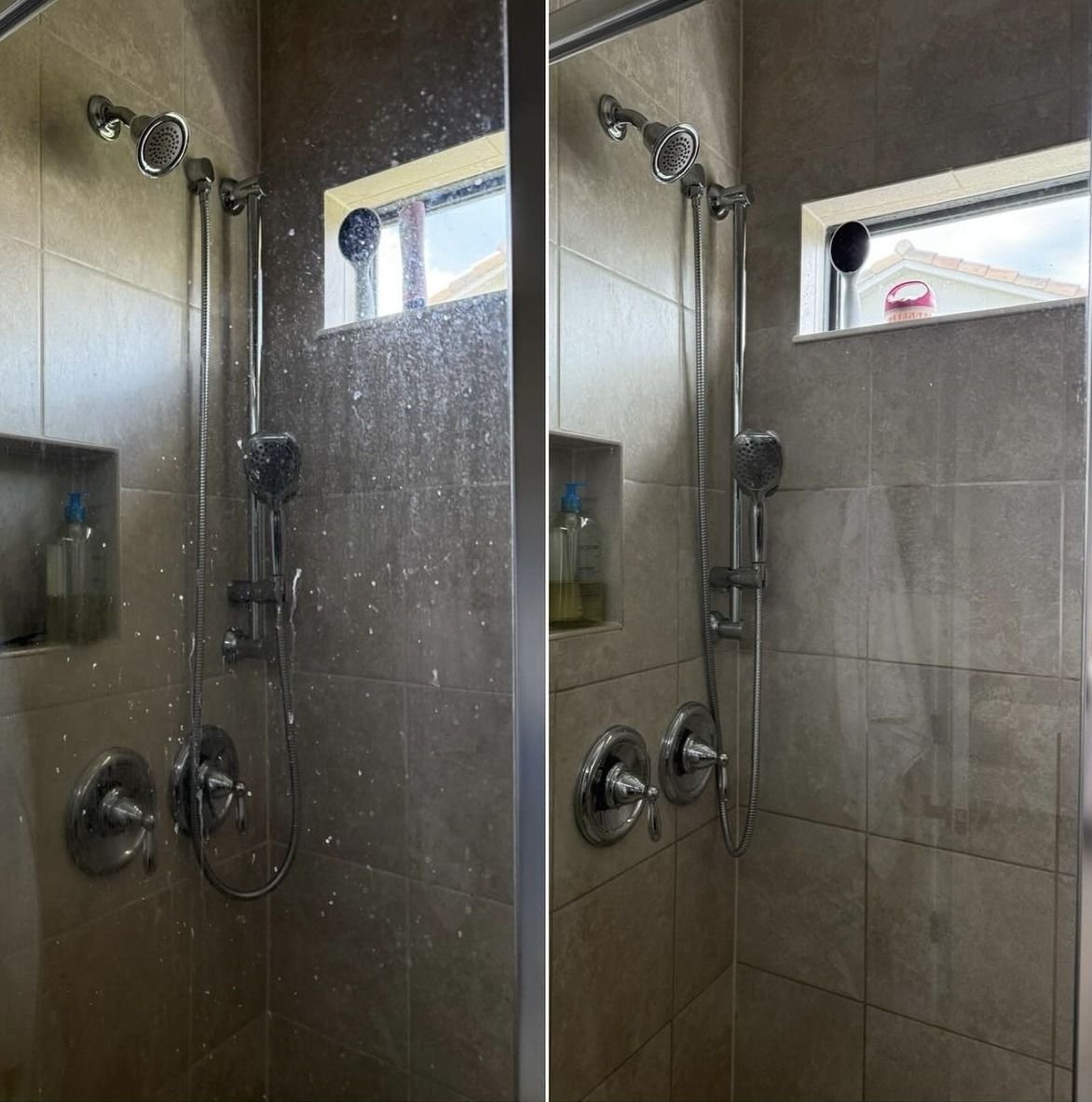Douche et paroi vitrée, avant à gauche et après à droite